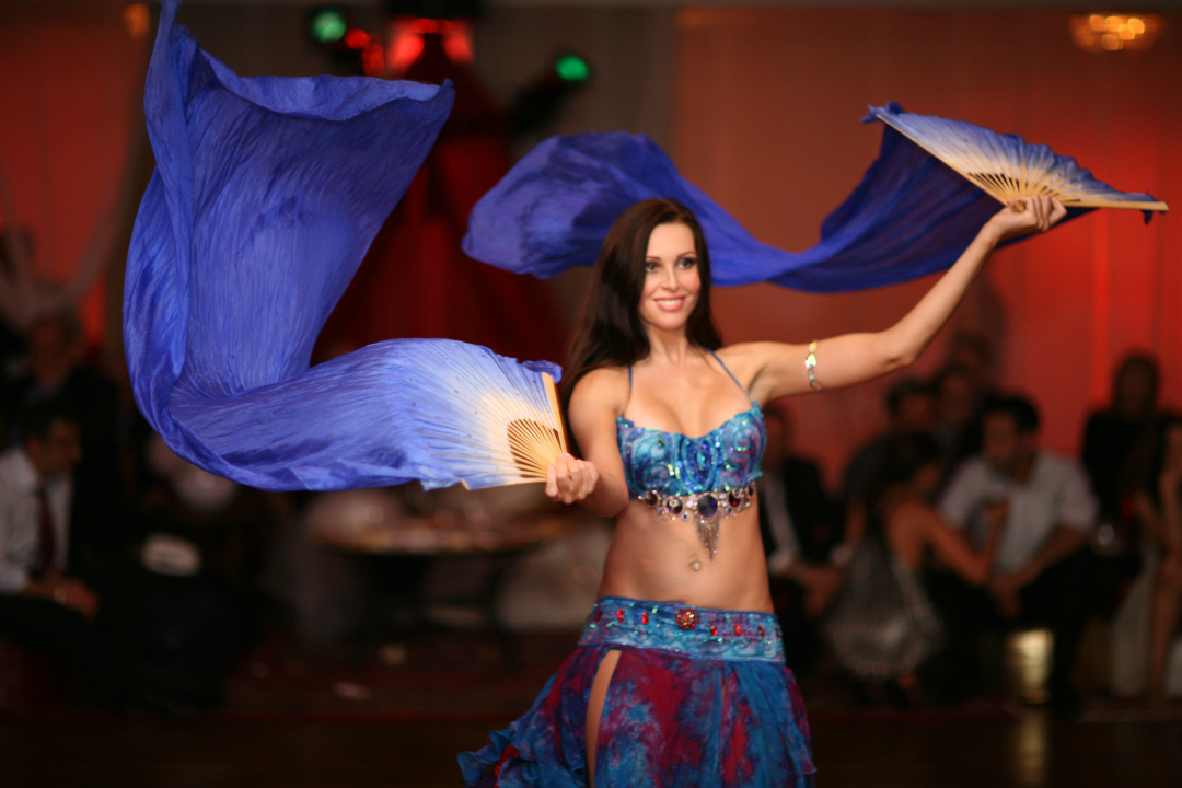 Belly Dancer with blue fan veils